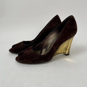 Stuart Weitzman Chocolate Brown Suede Peeptoe Wedges, Gold Croc Heel, Size 9
